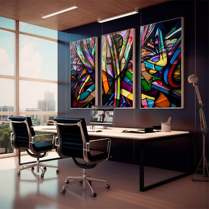 Quadro Decorativo: Explosão de Cores Para Revolucionar - quadros decorativos 1 Tela Vertical, 3 Telas - em sala moderna