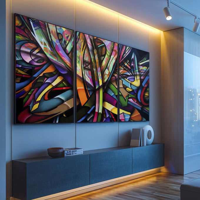 Quadro Decorativo: Explosão de Cores Para Revolucionar - quadros decorativos para sala 1 Tela Vertical, 3 Telas - em ambiente decorado