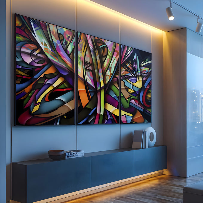 Grafite abstrato em 3 telas com traços pretos e cores vibrantes, arte urbana quadro decorativo