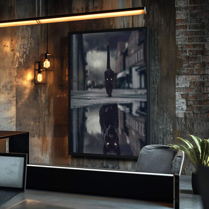 Quadro Decorativo Encanto da Pantera em Noite Urbana - quadros decorativos para sala 1 Tela Vertical, 3 Telas - em ambiente decorado