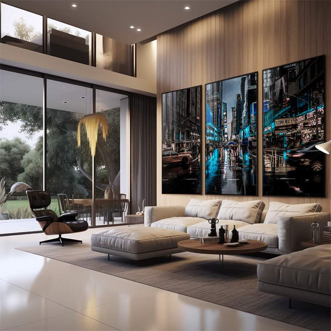 Quadro Decorativo Noite Chuvosa NY: Energia Vibrante - quadros decorativos para sala 1 Tela Vertical, 3 Telas - em quarto contemporaneo
