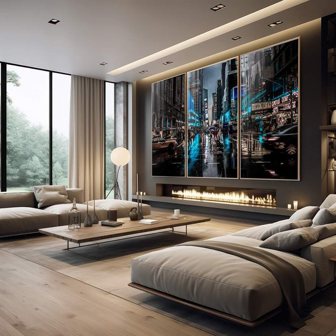 Quadro Decorativo Noite Chuvosa NY: Energia Vibrante - quadros decorativos 1 Tela Vertical, 3 Telas - em escritorio elegante