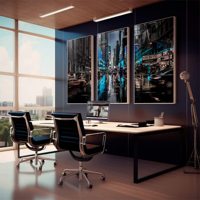 Quadro Decorativo Noite Chuvosa NY: Energia Vibrante - quadros decorativos 1 Tela Vertical, 3 Telas - em sala moderna
