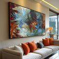 Pinceladas curvas em azul, laranja e vermelho se entrelaçando em movimento, quadro decorativo