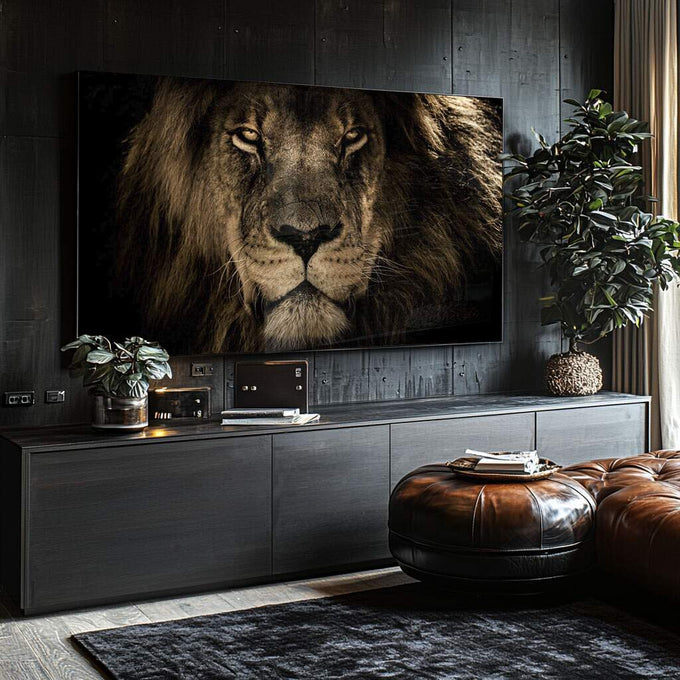 Quadro Decorativo O Esplendor do Leão: Majestade e Paz - quadros decorativos para sala 1 Tela, 1 Tela Horizontal - em ambiente decorado