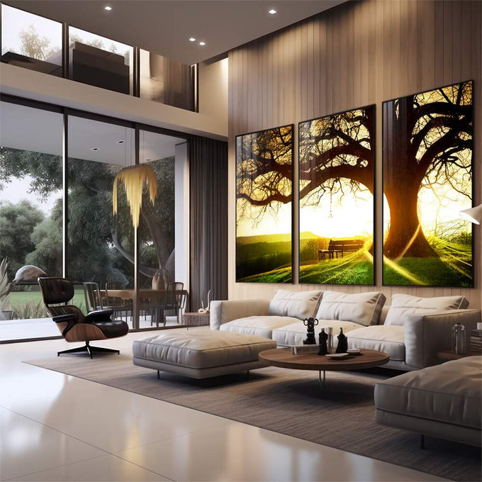 Quadro Decorativo: Pôr do Sol Rústico, Encanto Natural - quadros decorativos para sala 1 Tela Vertical, 3 Telas - em quarto contemporaneo