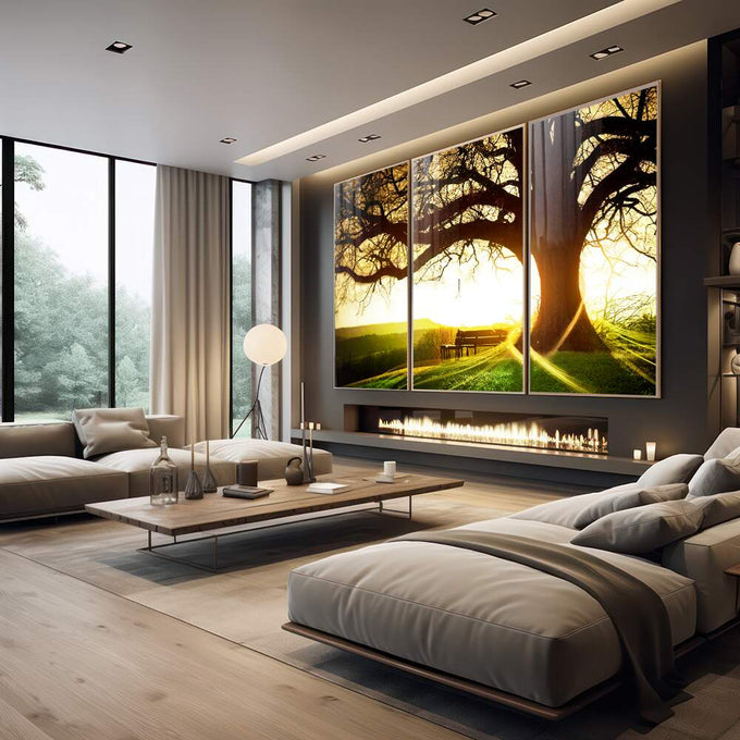 Quadro Decorativo: Pôr do Sol Rústico, Encanto Natural - quadros decorativos 1 Tela Vertical, 3 Telas - em escritorio elegante