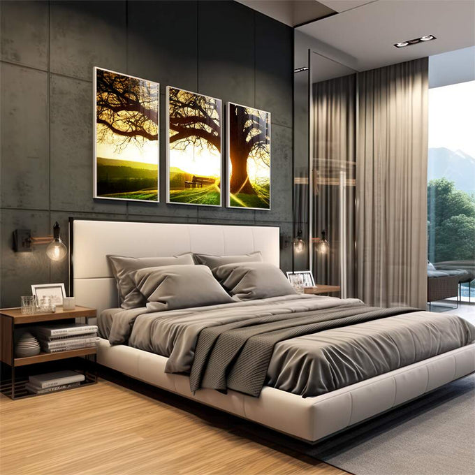 Quadro Decorativo: Pôr do Sol Rústico, Encanto Natural - quadros decorativos para sala 1 Tela Vertical, 3 Telas - em living room premium