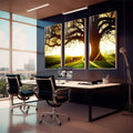 Quadro Decorativo: Pôr do Sol Rústico, Encanto Natural - quadros decorativos 1 Tela Vertical, 3 Telas - em sala moderna
