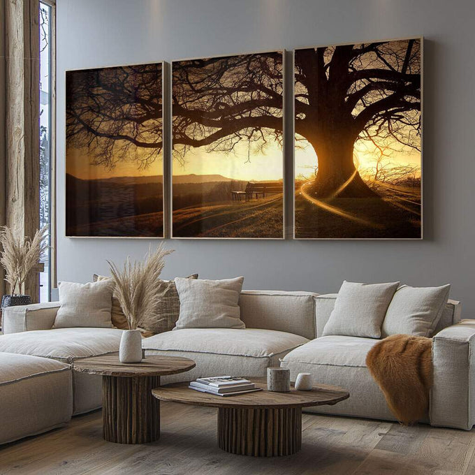 Quadro Decorativo Amanhecer Sereno: Toque de Paz - quadros decorativos para sala 1 Tela Vertical, 3 Telas - em ambiente decorado