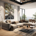 Quadro Decorativo Árvore Radiante ao Sol - Toque de Calor - quadros decorativos 1 Tela Vertical, 3 Telas - em sala moderna