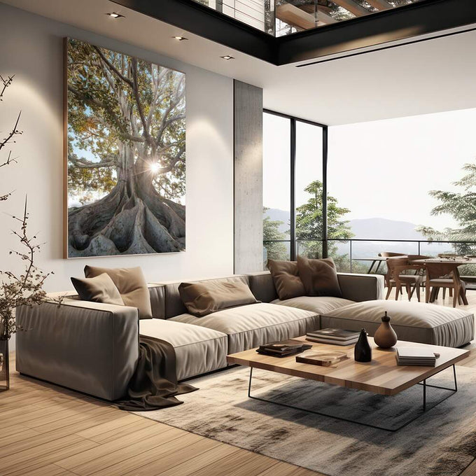 Quadro Decorativo Árvore Radiante ao Sol - Toque de Calor - quadros decorativos 1 Tela Vertical, 3 Telas - em sala moderna