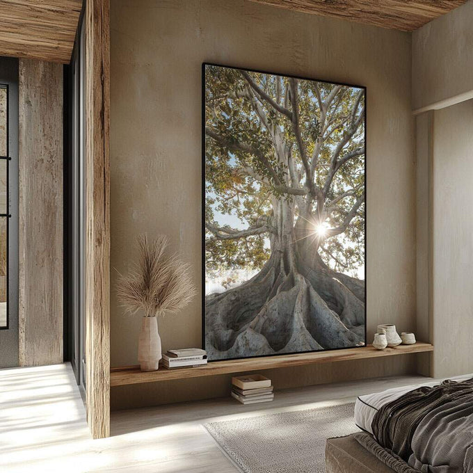 Quadro Decorativo Árvore Radiante ao Sol - Toque de Calor - quadros decorativos para sala 1 Tela Vertical, 3 Telas - em ambiente decorado