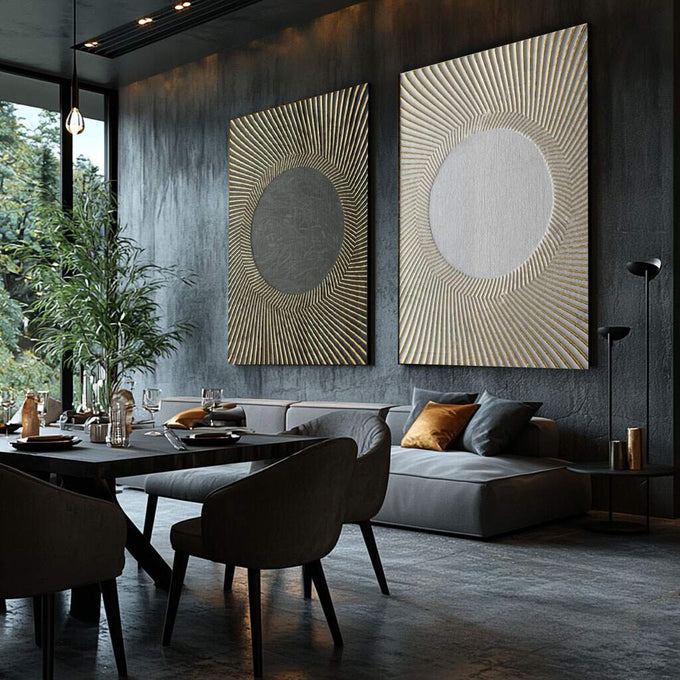 Quadro Decorativo Reflexos de Ouro - Luxo e Modernidade - quadros decorativos para sala 2 Telas, Abstratos e Geométricos - em ambiente decorado