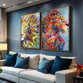 Quadro Decorativo Majestosos Leões Coloridos ? Toque Real - quadros decorativos para sala 2 Telas, abstrato - em ambiente decorado