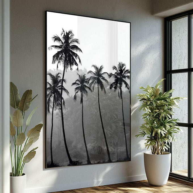 Quadro Decorativo Silhuetas Tropicais: Impacto Visual Único - quadros decorativos para sala 1 Tela Vertical, 3 Telas - em ambiente decorado
