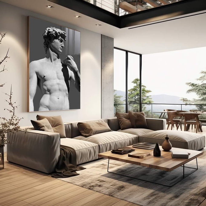 Quadro Decorativo: Toque Renascentista Único em Preto e Branco - quadros decorativos 1 Tela Vertical, 3 Telas - em escritorio elegante
