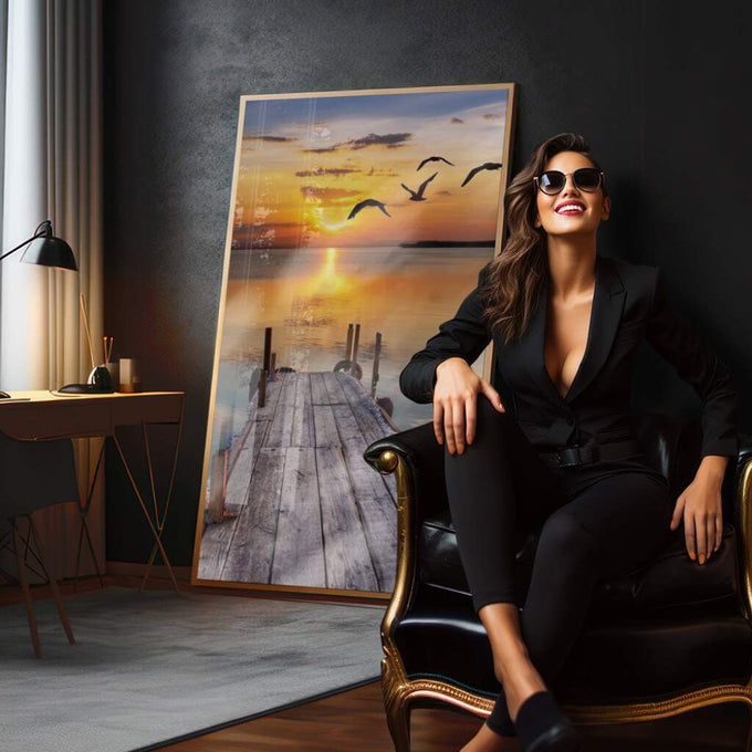 Quadro Decorativo: Inspirador Pôr do Sol no Cais - quadros decorativos para sala 1 Tela Vertical, 3 Telas - em quarto contemporaneo