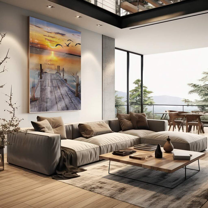 Quadro Decorativo: Inspirador Pôr do Sol no Cais - quadros decorativos para sala 1 Tela Vertical, 3 Telas - em living room premium