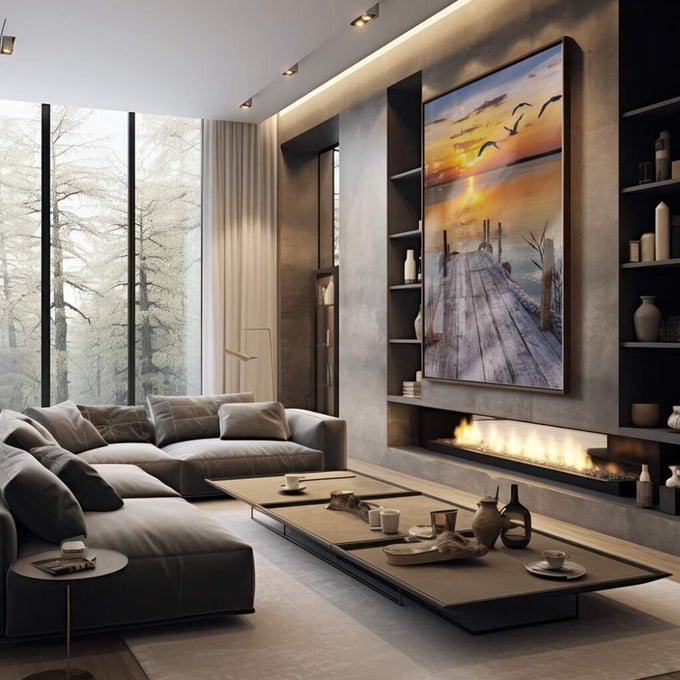 Quadro Decorativo: Inspirador Pôr do Sol no Cais - quadros decorativos 1 Tela Vertical, 3 Telas - em sala moderna