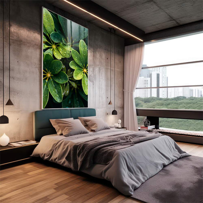 Quadro Decorativo Natureza Viva Folhas & Gotas d\'Água - quadros decorativos para sala 1 Tela Vertical, 3 Telas - em quarto contemporaneo