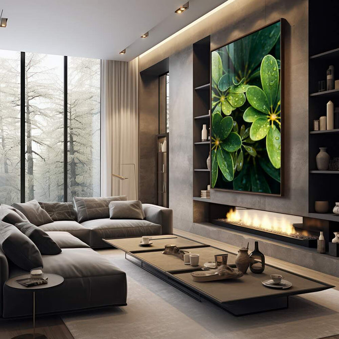 Quadro Decorativo Natureza Viva Folhas & Gotas d\'Água - quadros decorativos para sala 1 Tela Vertical, 3 Telas - em living room premium