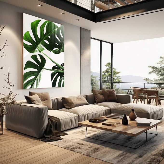 Quadro Decorativo Monstera: Elegância Verde Exclusiva - quadros decorativos para sala 1 Tela Vertical, 3 Telas - em quarto contemporaneo