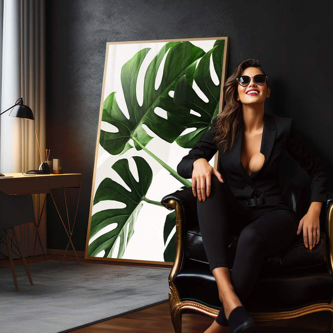 Quadro Decorativo Monstera: Elegância Verde Exclusiva - quadros decorativos para sala 1 Tela Vertical, 3 Telas - em living room premium