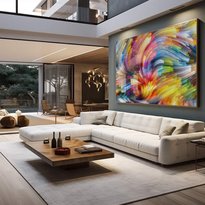 Quadro Decorativo Vibrante: Explosão de Cores Dançantes - quadros decorativos para sala 1 Tela, 1 Tela Horizontal - em living room premium