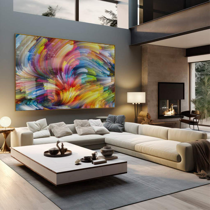Quadro Decorativo Vibrante: Explosão de Cores Dançantes - quadros decorativos 1 Tela, 1 Tela Horizontal - em sala moderna