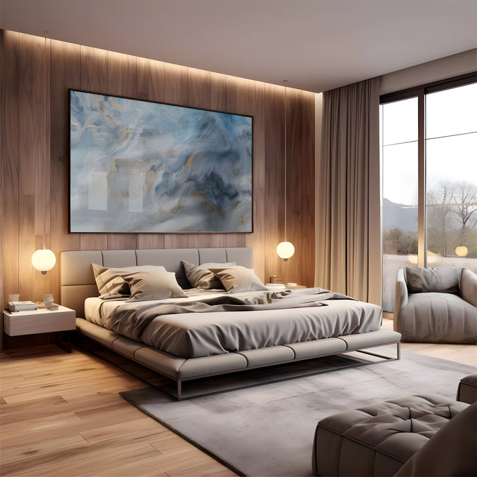 Arte abstrata efeito mármore em tons de azul, cinza e veios dourados, quadro decorativo