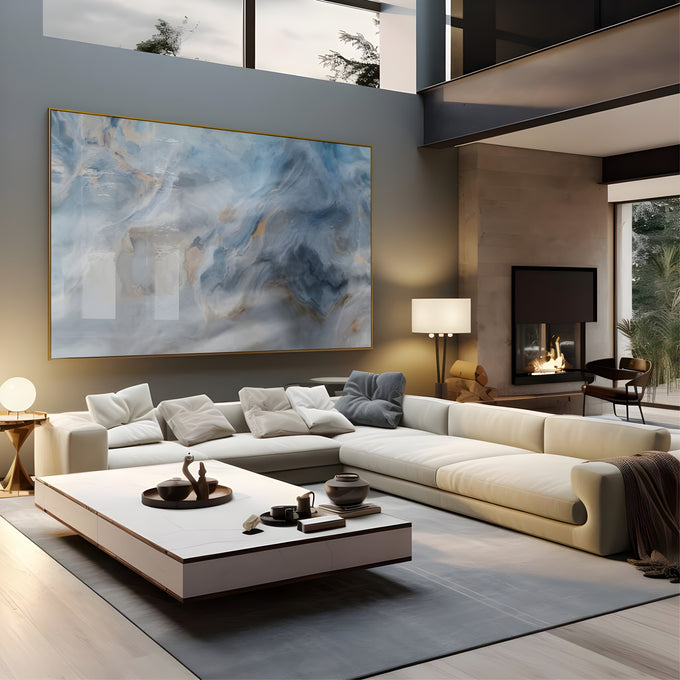 Arte abstrata efeito mármore em tons de azul, cinza e veios dourados, quadro decorativo