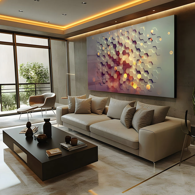 Hexágonos em relevo 3D em tons roxos com luzes douradas desfocadas, arte geométrica quadro decorativo
