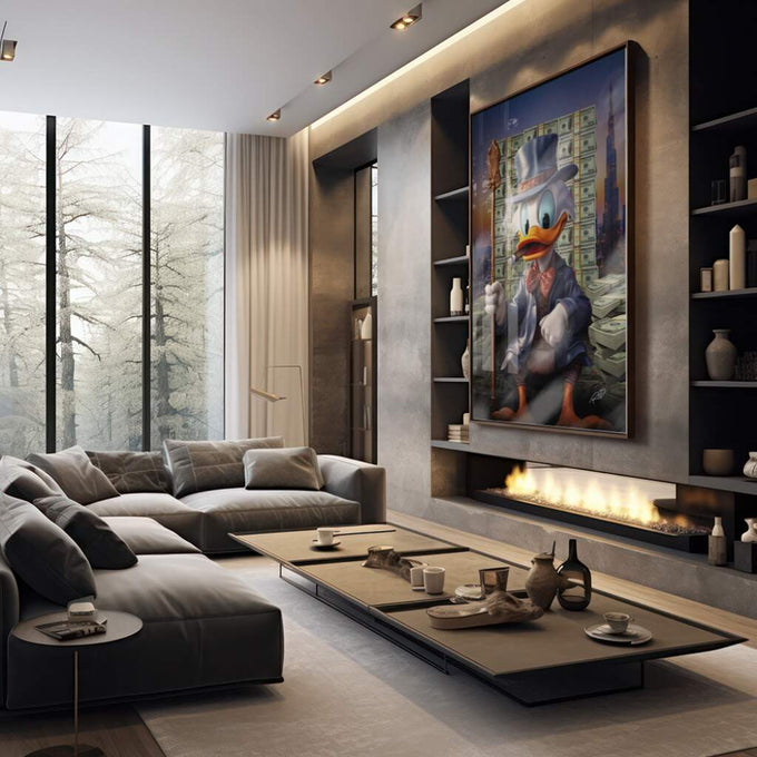 Quadro Decorativo Riqueza de Patinhas: Um Toque Único - quadros decorativos 1 Tela Vertical, 3 Telas - em sala moderna
