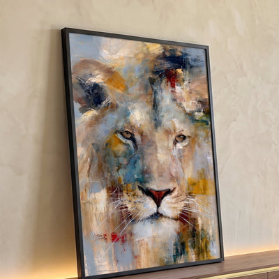 Quadro Decorativo Leão Majestoso em Tons Dourados e Azuis