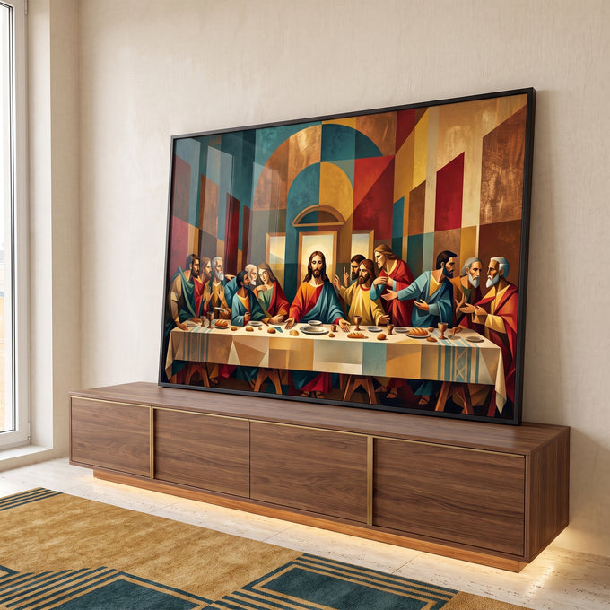 Quadro Decorativo santa Ceia com geométrica em ambiente decorado - quadros decorativos para sala