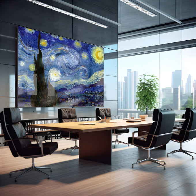 Noite Estrelada de Van Gogh com céu azul em espirais, cipreste e vilarejo, quadro decorativo