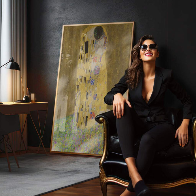 Quadro Decorativo Beijo Dourado: Luxo em Arte Moderna - quadros decorativos para sala 1 Tela Vertical, 3 Telas - em quarto contemporaneo