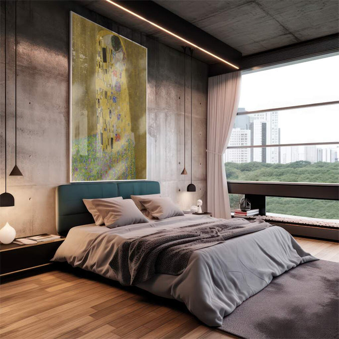 Quadro Decorativo Beijo Dourado: Luxo em Arte Moderna - quadros decorativos 1 Tela Vertical, 3 Telas - em escritorio elegante