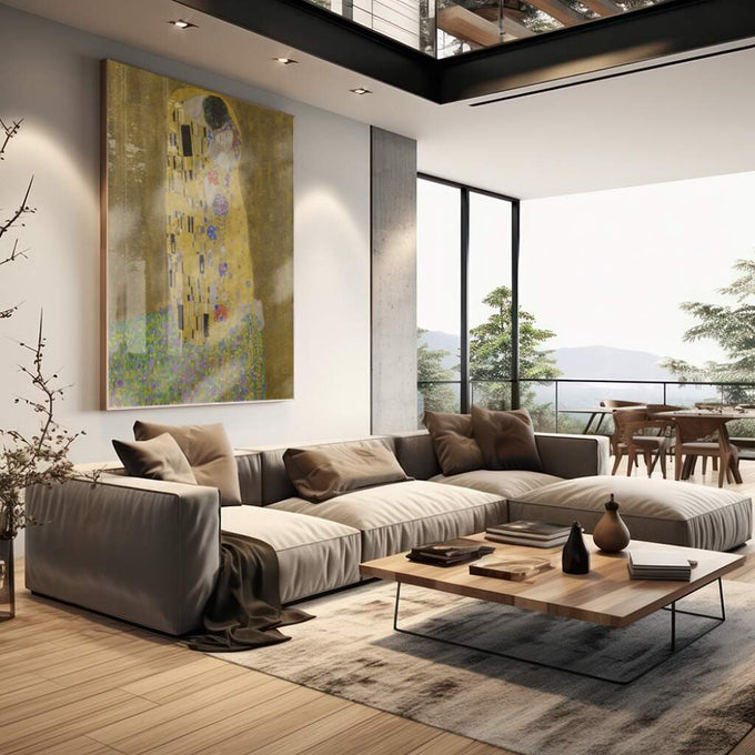 Quadro Decorativo Beijo Dourado: Luxo em Arte Moderna - quadros decorativos para sala 1 Tela Vertical, 3 Telas - em living room premium