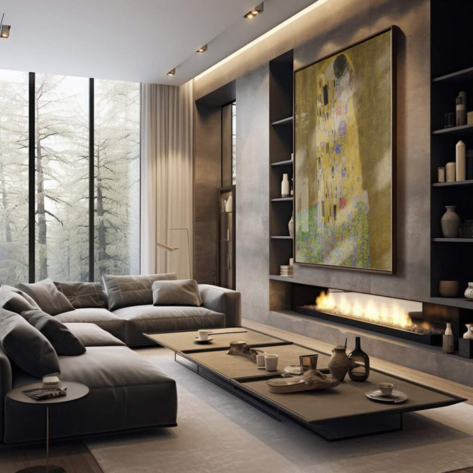 Quadro Decorativo Beijo Dourado: Luxo em Arte Moderna - quadros decorativos 1 Tela Vertical, 3 Telas - em sala moderna