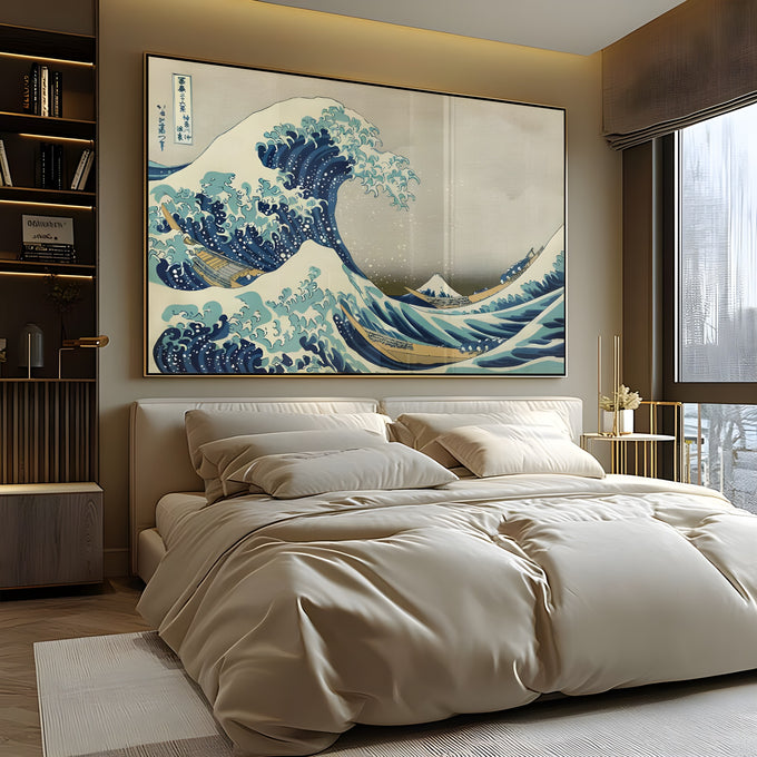 A Grande Onda de Kanagawa de Hokusai com barcos e Monte Fuji em tons de azul, quadro decorativo