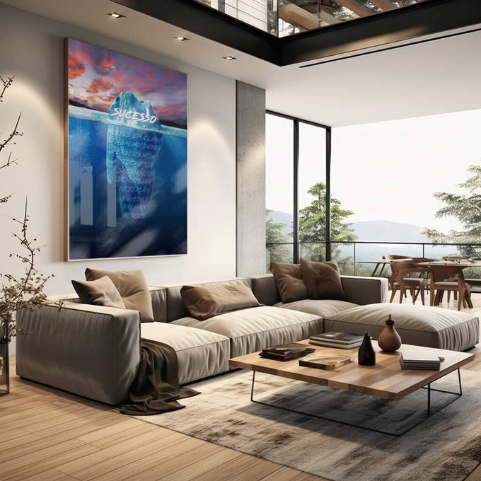 Quadro Decorativo: Iceberg Inspirador - Triunfo e Serenidade - quadros decorativos para sala 1 Tela Vertical, 3 Telas - em living room premium