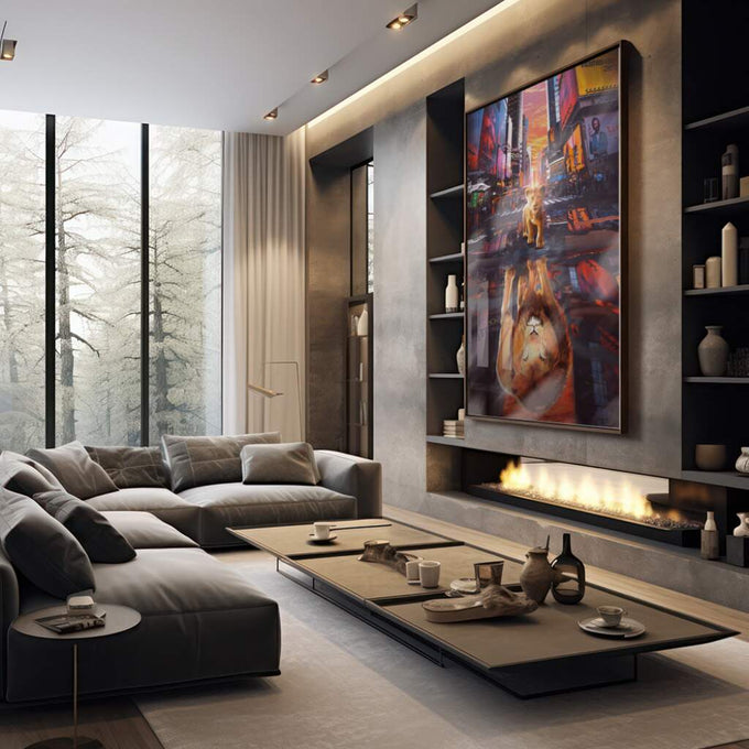 Quadro Decorativo Leão & Filhote: Força e Ternura Unidas - quadros decorativos 1 Tela Vertical, 3 Telas - em sala moderna
