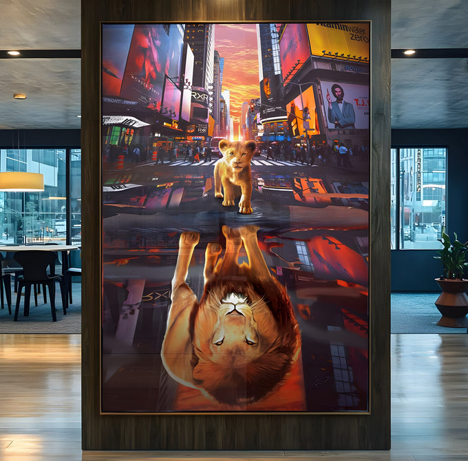 Filhote de leão em Times Square ao pôr do sol com reflexo de leão adulto na poça, quadro decorativo