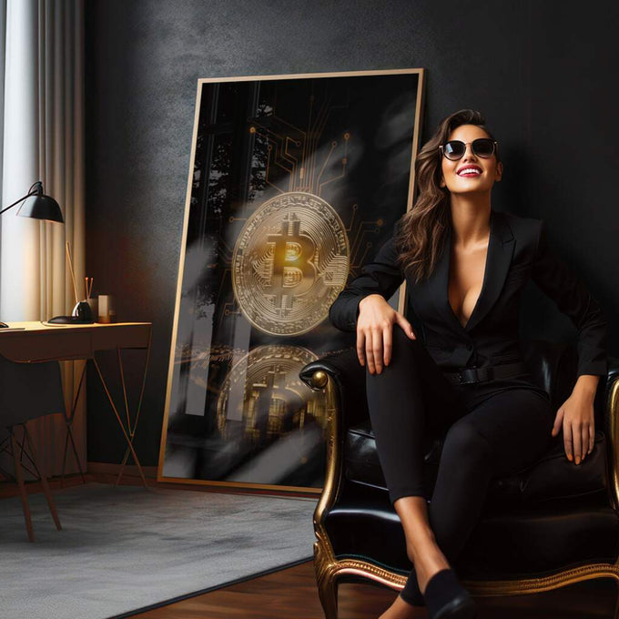 Quadro Decorativo: Bitcoin Dourado - Energia e Futurismo - quadros decorativos para sala 1 Tela Vertical, 3 Telas - em quarto contemporaneo
