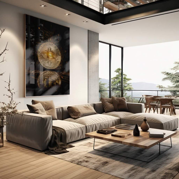 Quadro Decorativo: Bitcoin Dourado - Energia e Futurismo - quadros decorativos para sala 1 Tela Vertical, 3 Telas - em living room premium