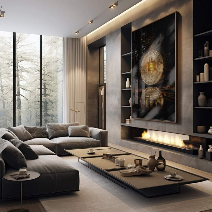 Quadro Decorativo: Bitcoin Dourado - Energia e Futurismo - quadros decorativos 1 Tela Vertical, 3 Telas - em sala moderna
