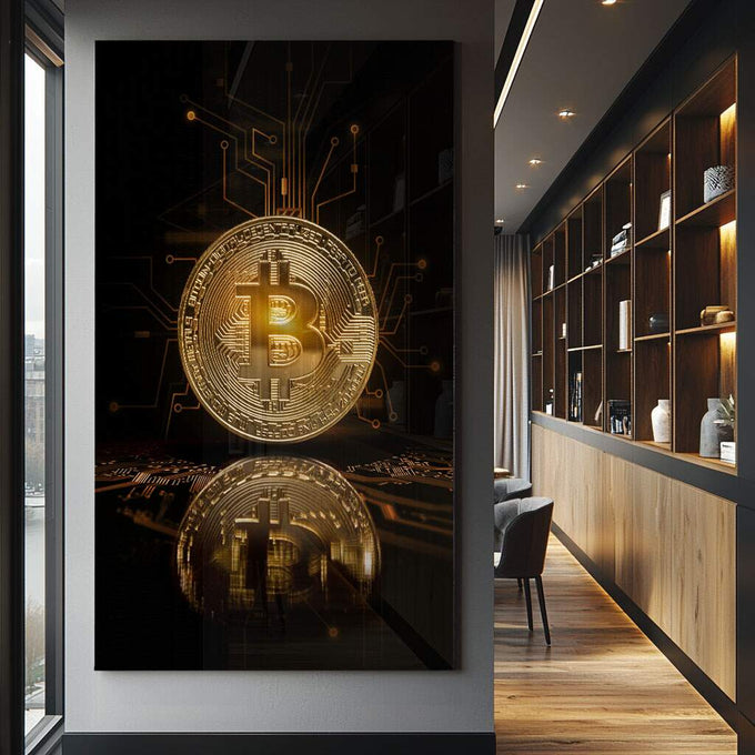 Quadro Decorativo: Bitcoin Dourado - Energia e Futurismo - quadros decorativos para sala 1 Tela Vertical, 3 Telas - em ambiente decorado