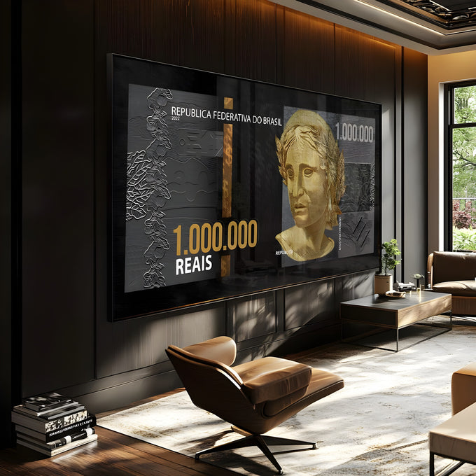 Nota de 1 milhão de reais preta com efígie da República em dourado e relevos, quadro decorativo